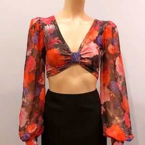 Vintage long sheer sleeve floral crop top size XS